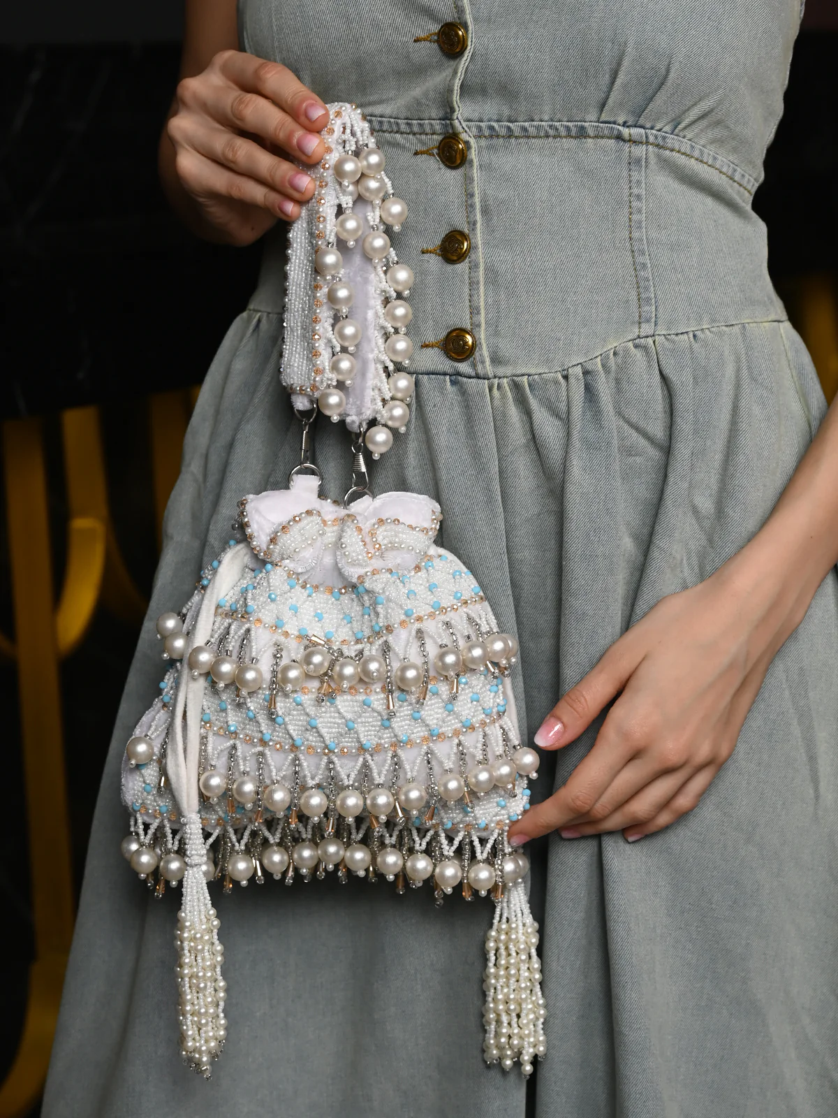 Odette White Embroidered Potli Bag with Tassels For Women - Image 2
