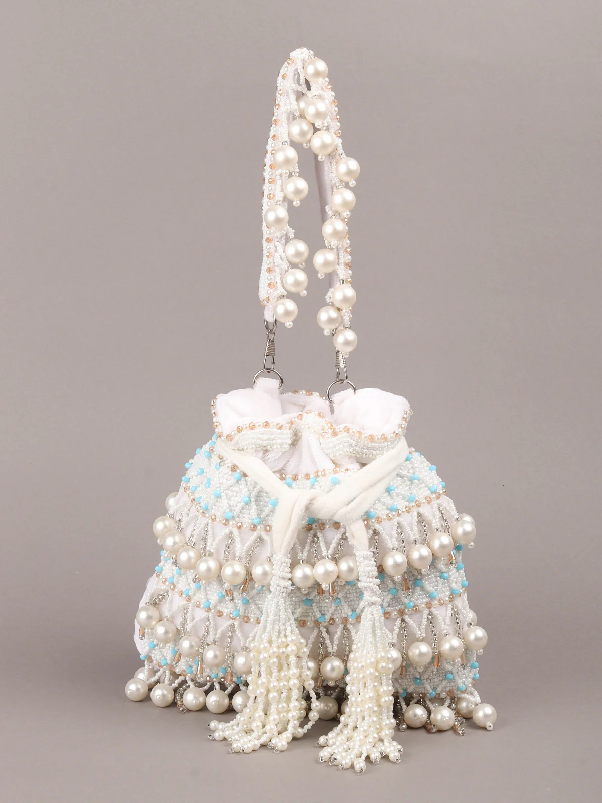 Odette White Embroidered Potli Bag with Tassels For Women - Image 3