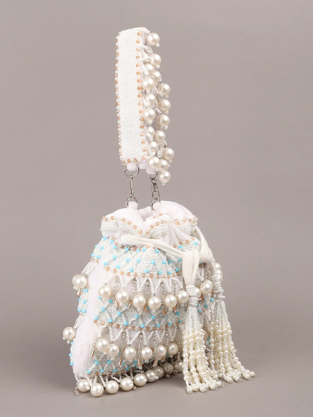 Odette White Embroidered Potli Bag with Tassels For Women - Image 4