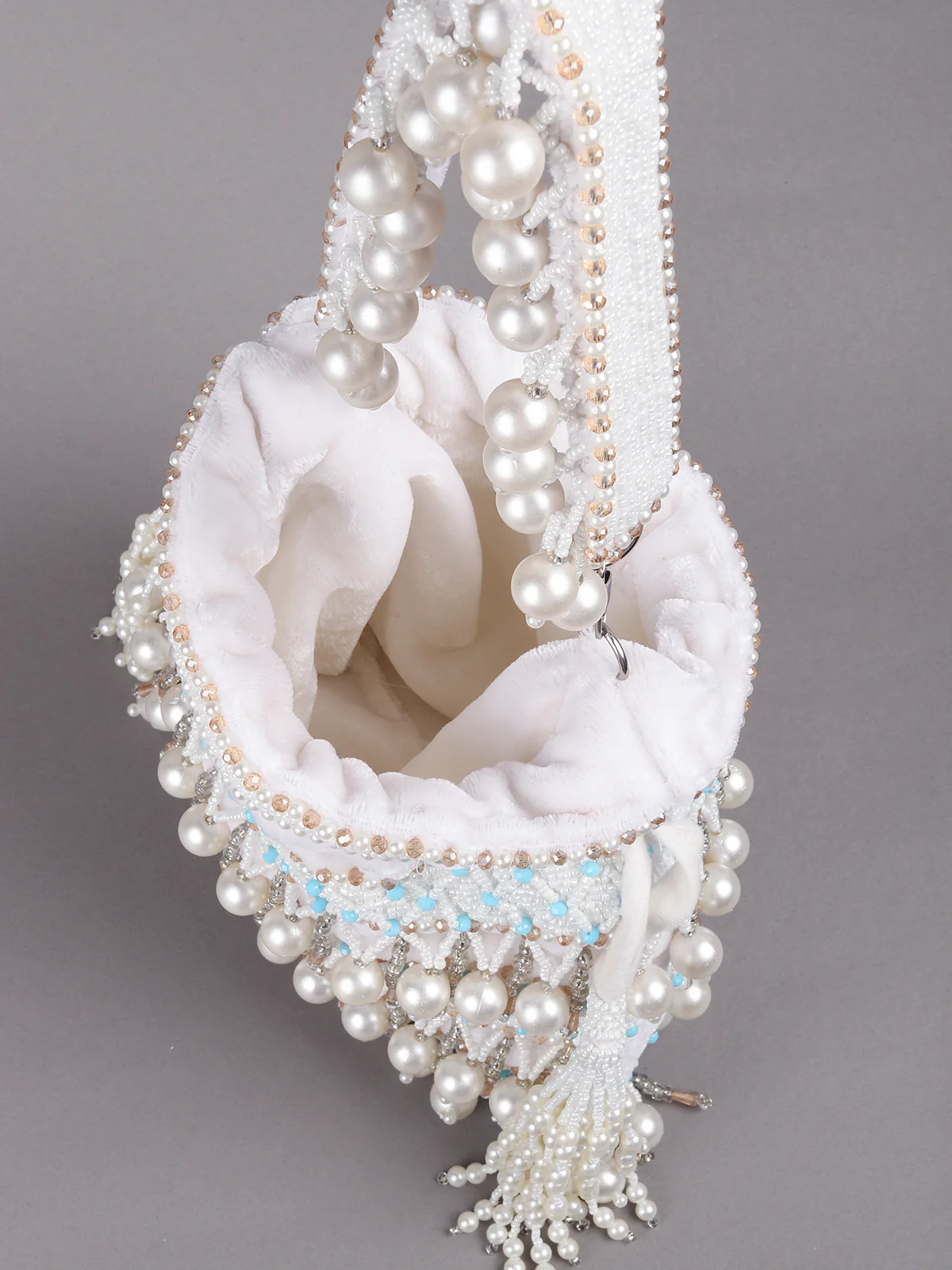 Odette White Embroidered Potli Bag with Tassels For Women - Image 6