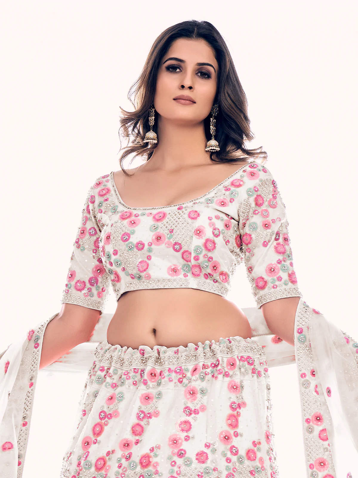 Odette White Embroidered Soft Net Semi Stitched Lehenga With Blouse For Women - Image 5