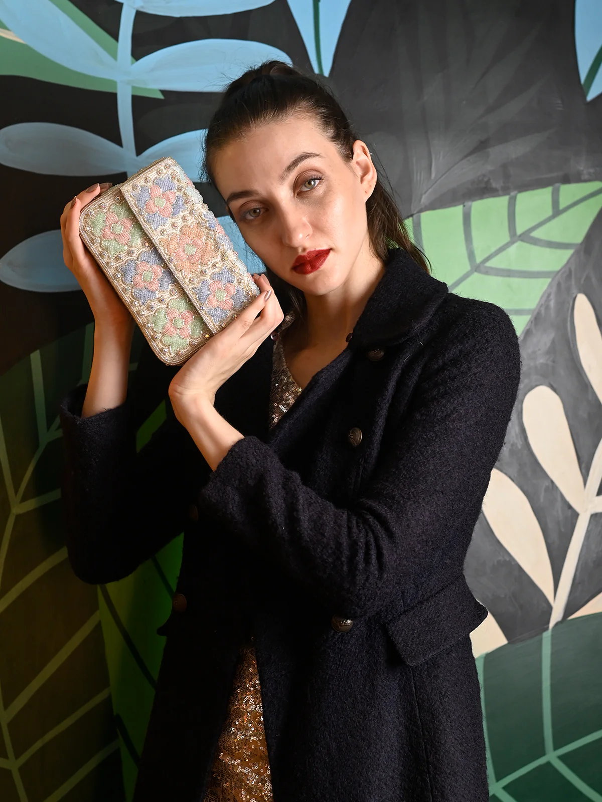 Odette Multicolor Embroidered Structured Clutch For Women - Image 2