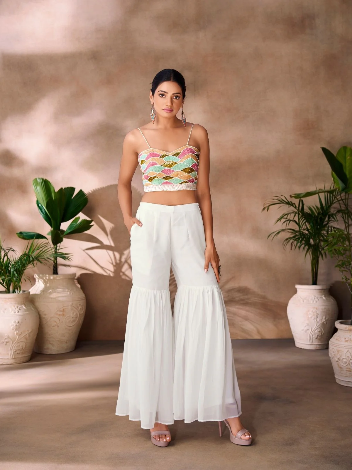 Odette White Georgette Embellished Co-Ord Set For Women - Image 2