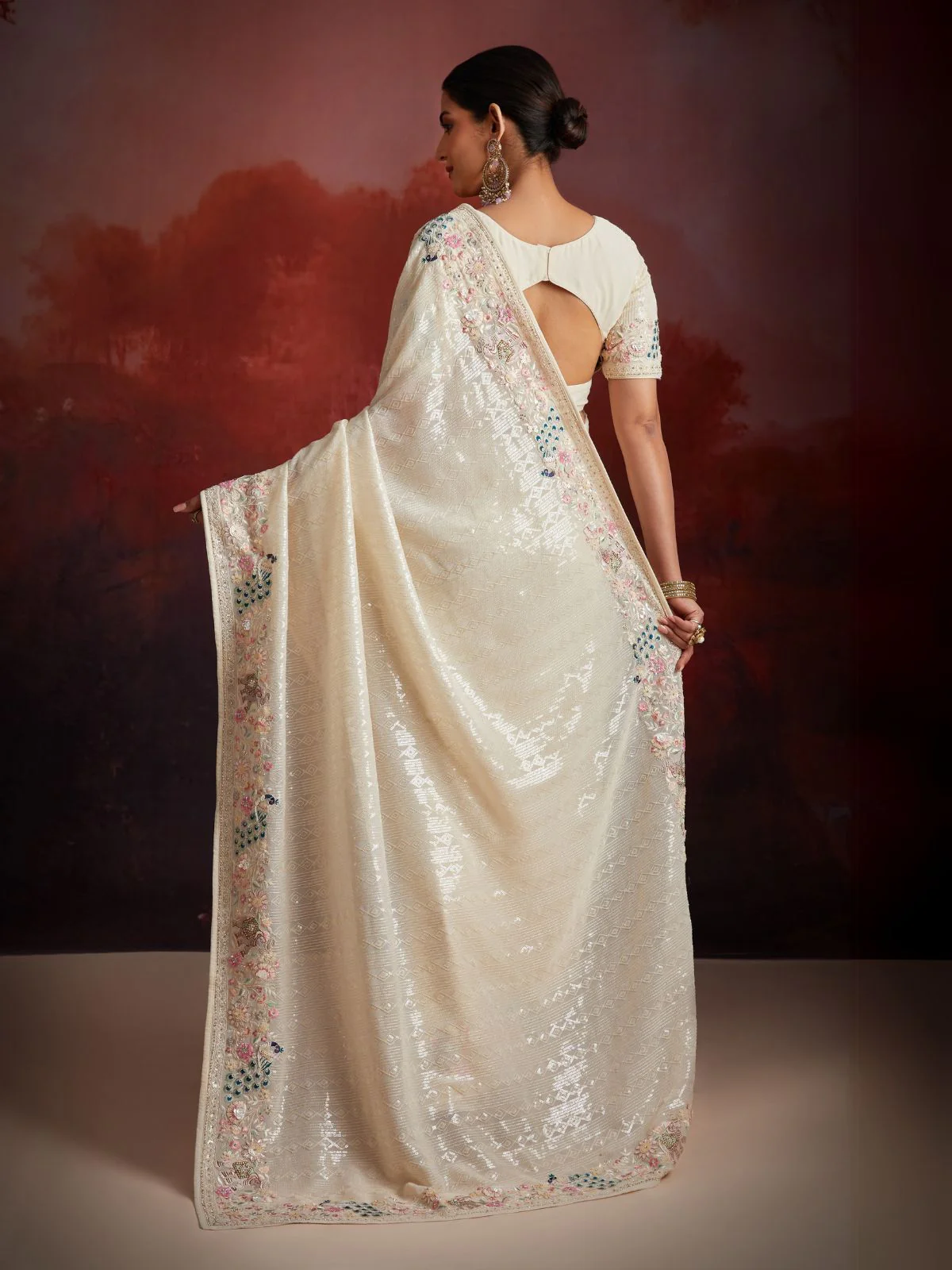 Odette White Georgette Embellished Saree For Women - Image 4