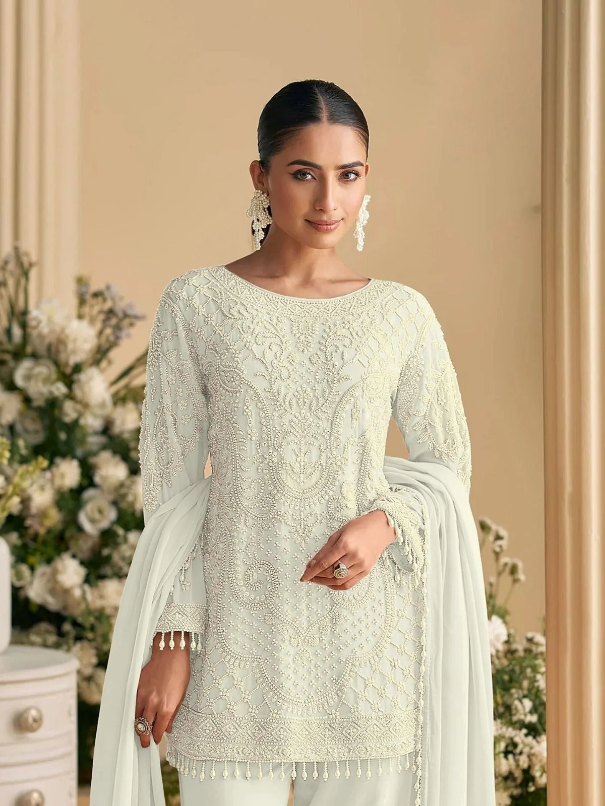 Odette White Georgette Embellished Semi Stitched Kurta Set For Women - Image 2