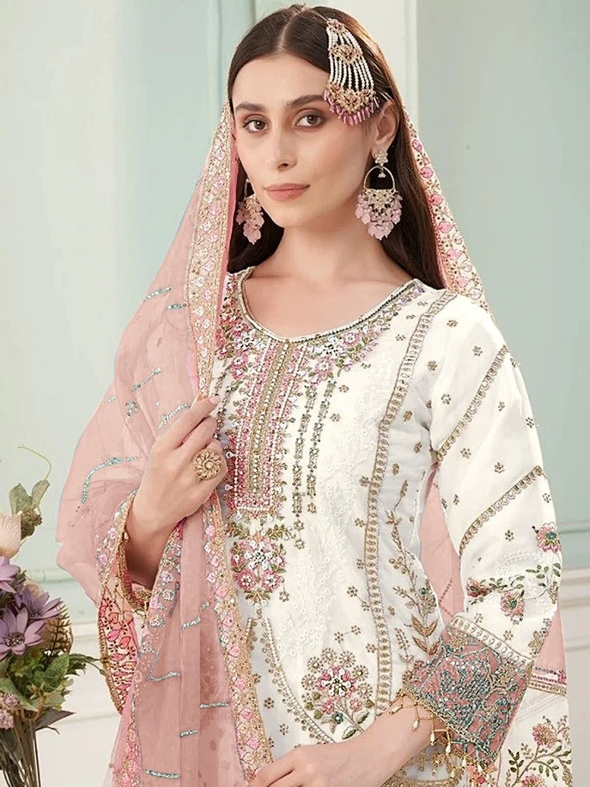 Odette White Georgette Embellished Semi Stitched Kurta Set For Women - Image 2