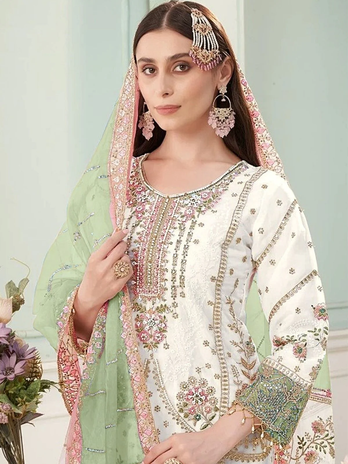 Odette White Georgette Embellished Semi Stitched Kurta Set For Women - Image 2