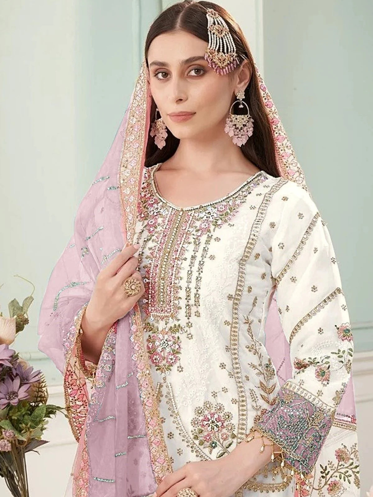 Odette White Georgette Embellished Semi Stitched Kurta Set For Women - Image 2