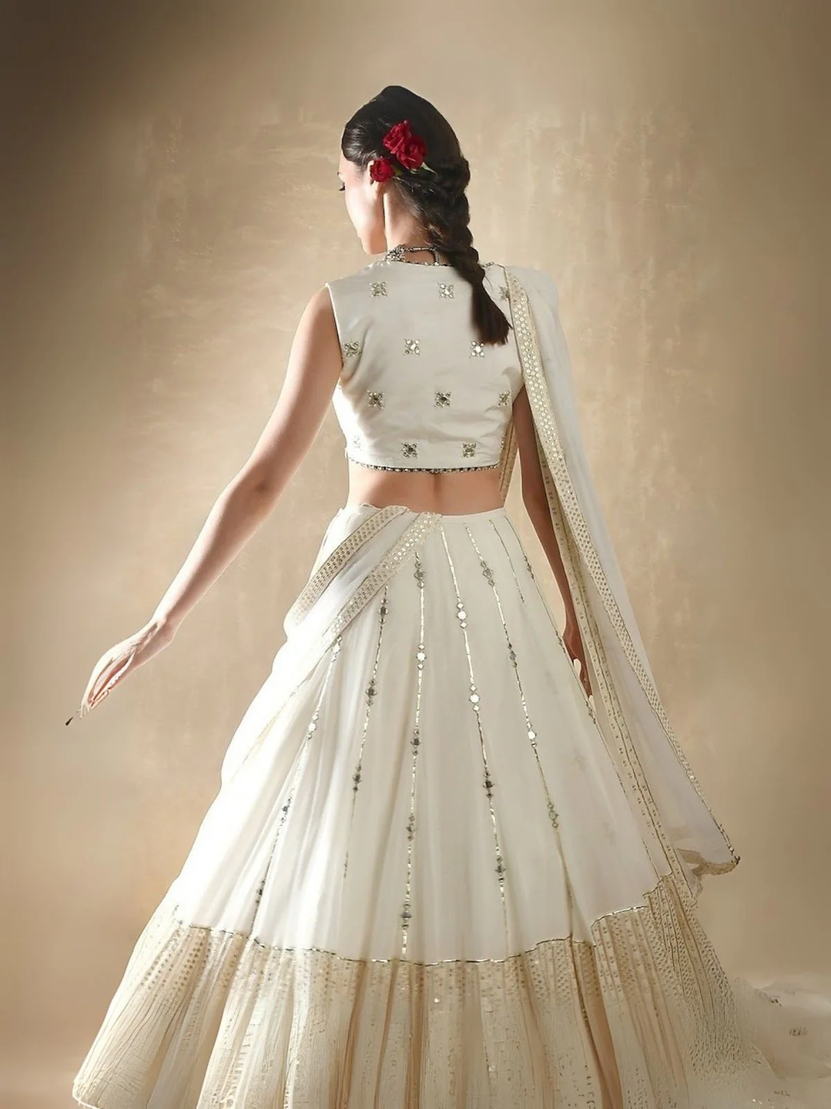 Odette White Georgette Embellished Semi-Stitched Lehenga For Women - Image 3