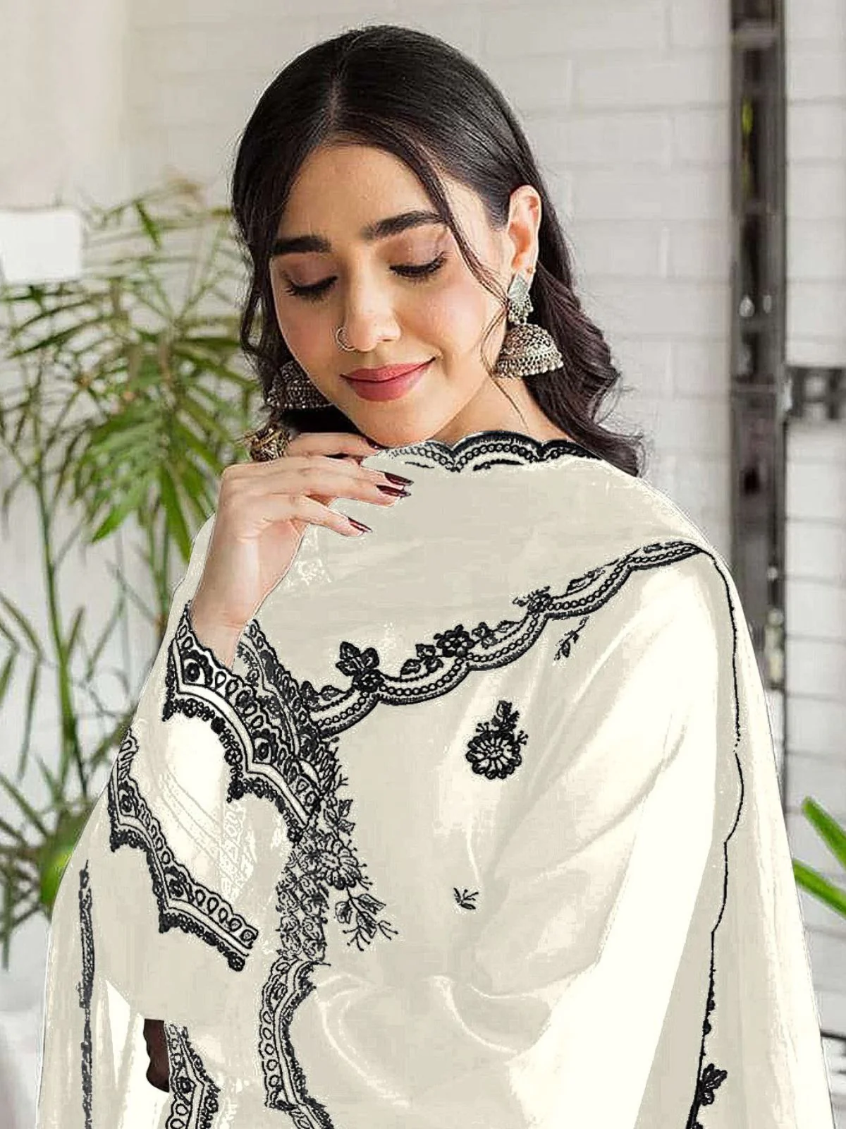 Odette White Georgette Embroidered Semi-Stitched Kurta Set For Women - Image 2