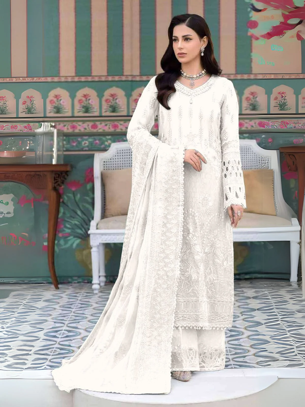 Odette White Georgette Embroidered Semi-Stitched Kurta Set For Women