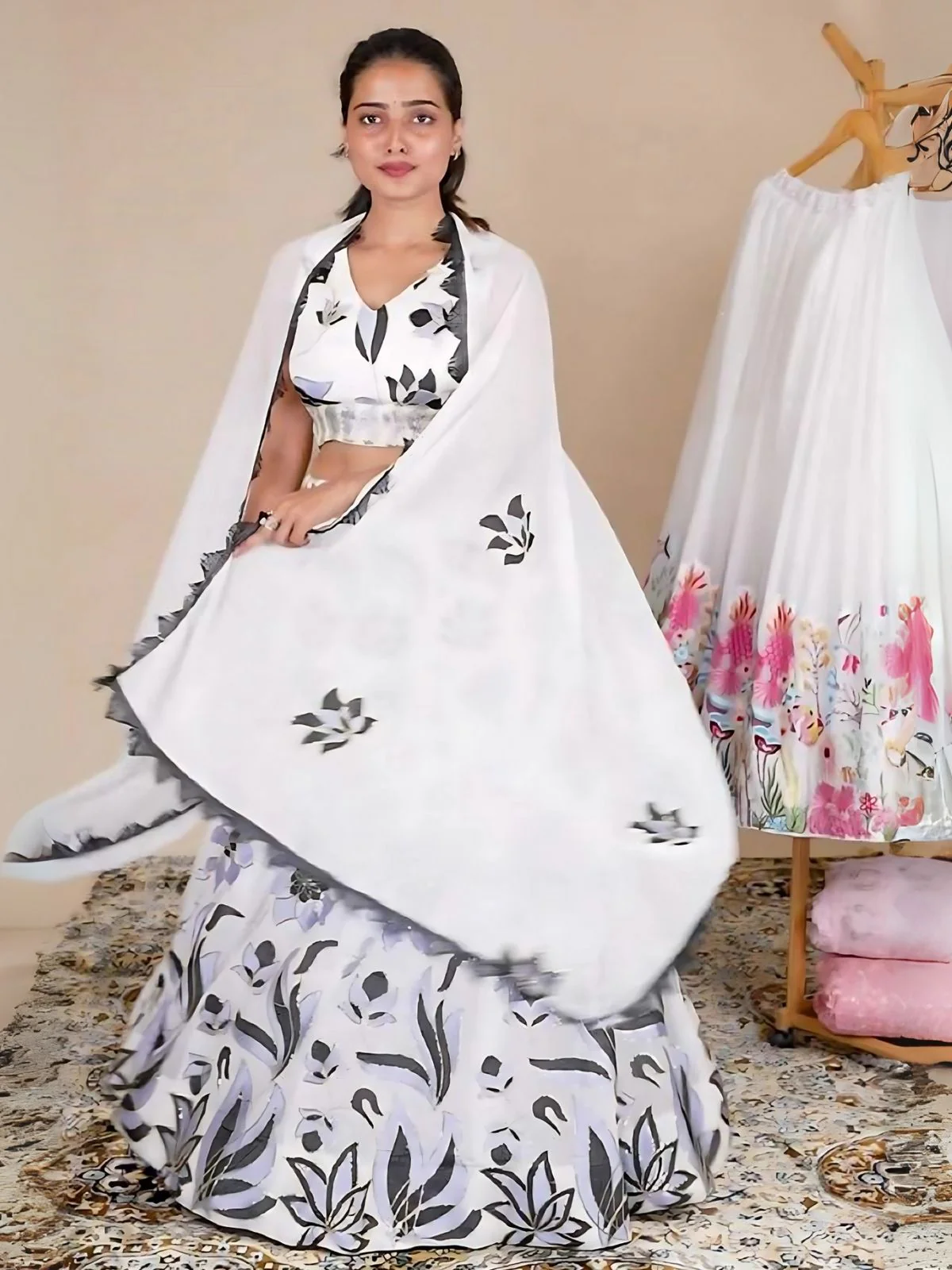 Odette White Georgette Embroidered Semi-Stitched Lehenga For Women - Image 2