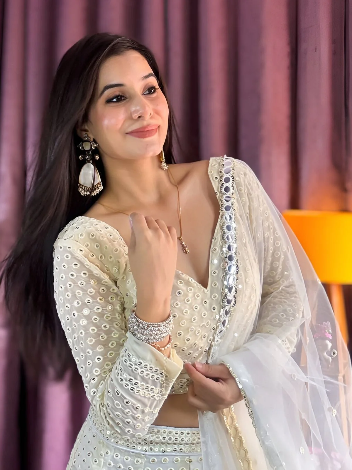Odette White Georgette Mirror Work Semi-Stitched lehenga For Women - Image 3
