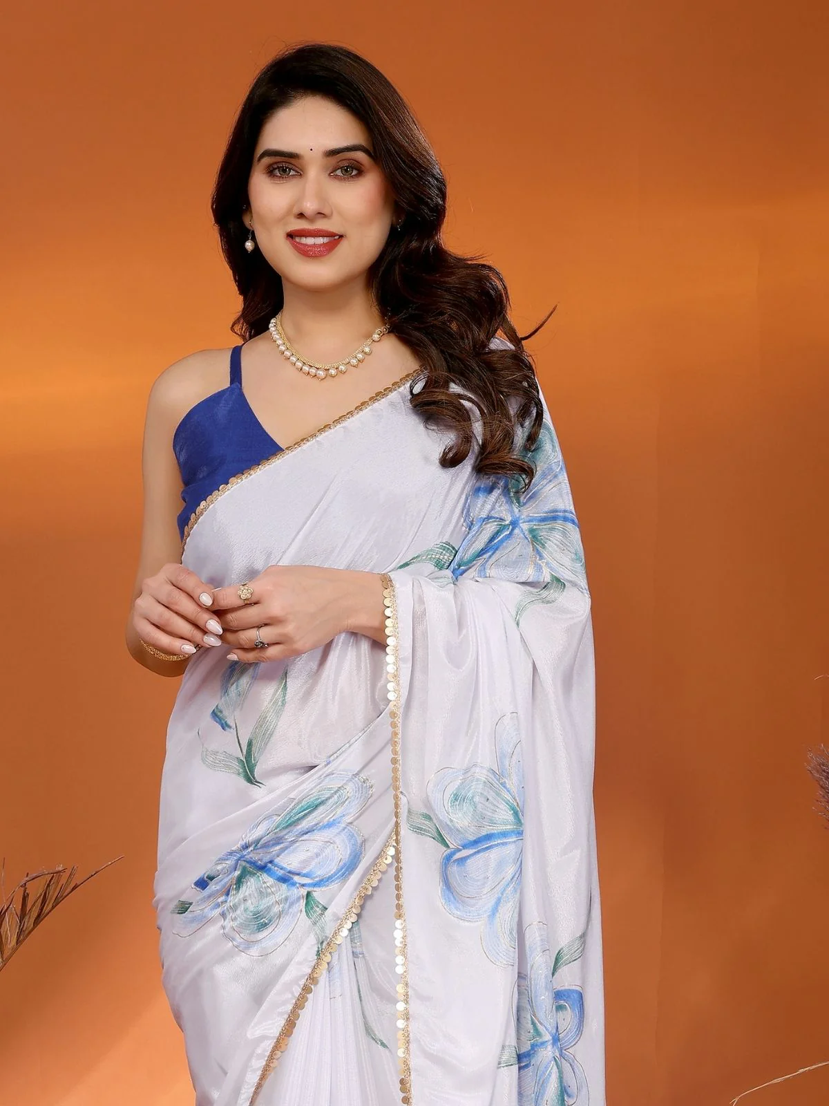 Odette White Georgette Printed Saree For Women - Image 3