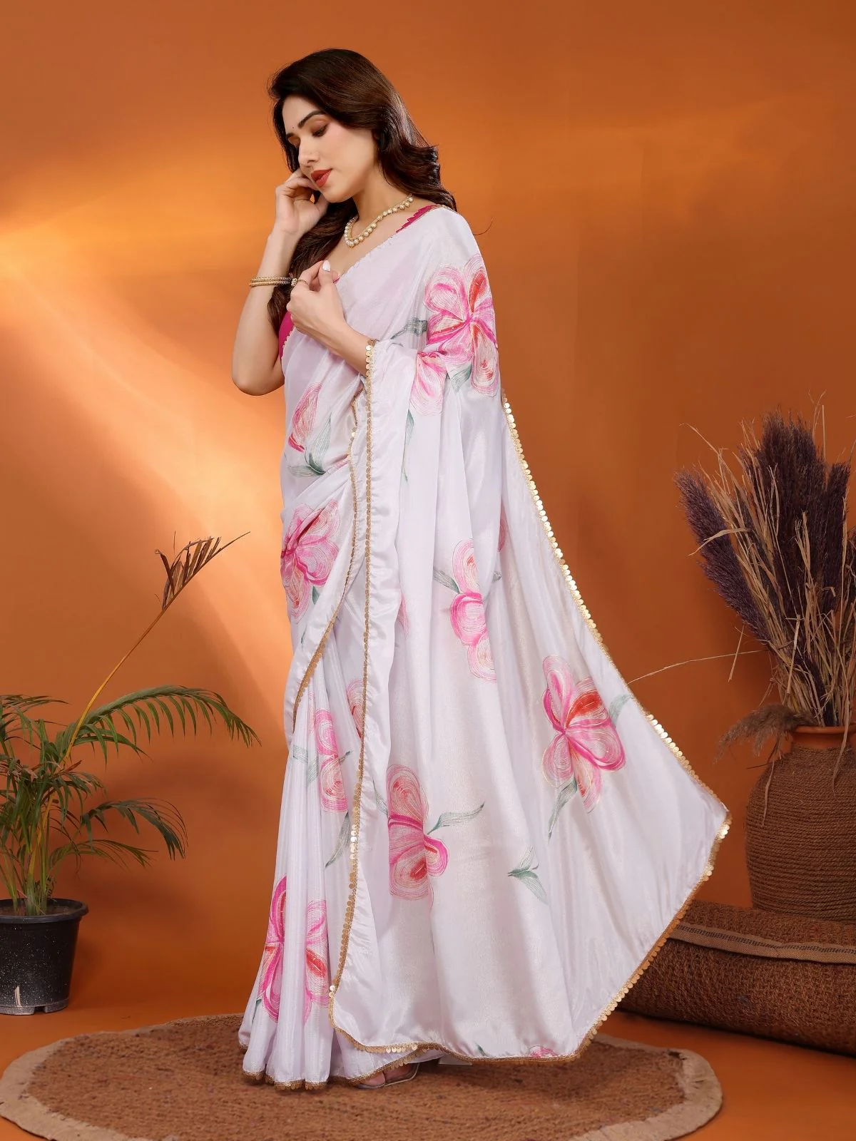 Odette White Georgette Printed Saree For Women - Image 2