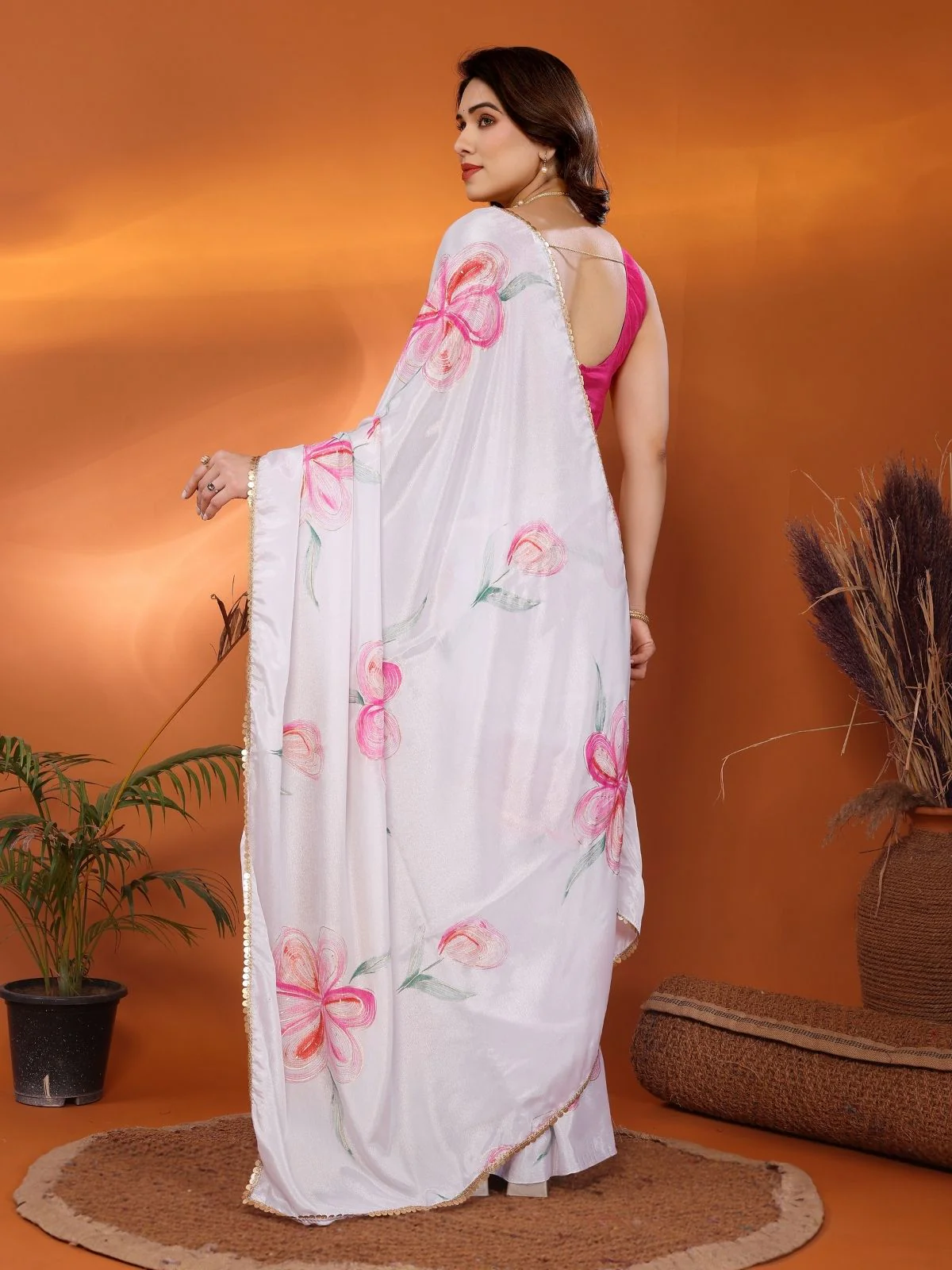 Odette White Georgette Printed Saree For Women - Image 3
