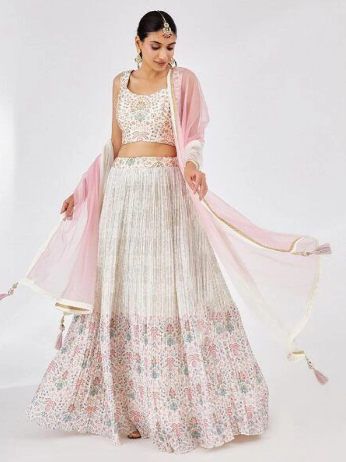 Odette White Georgette Printed Semi Stitched Lehenga For Women - Image 3