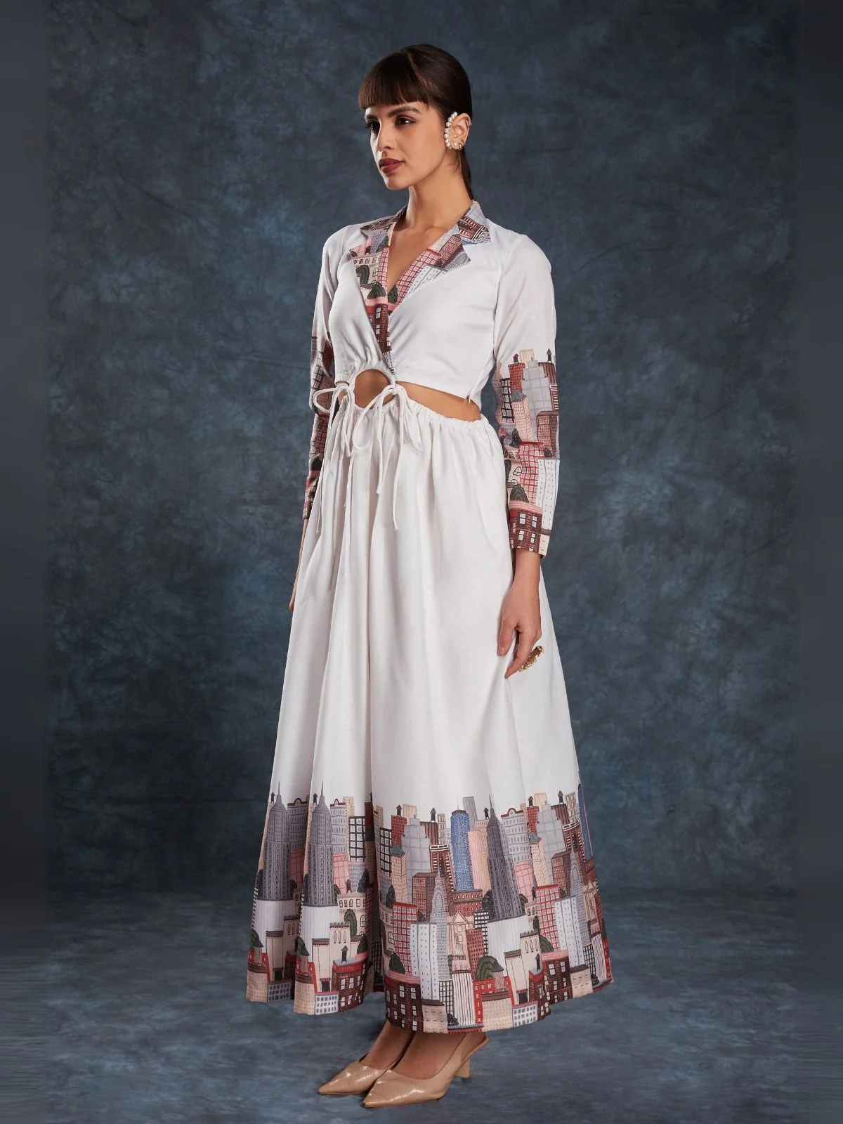 Odette White Linen Printed Stitched Dress For Women - Image 4