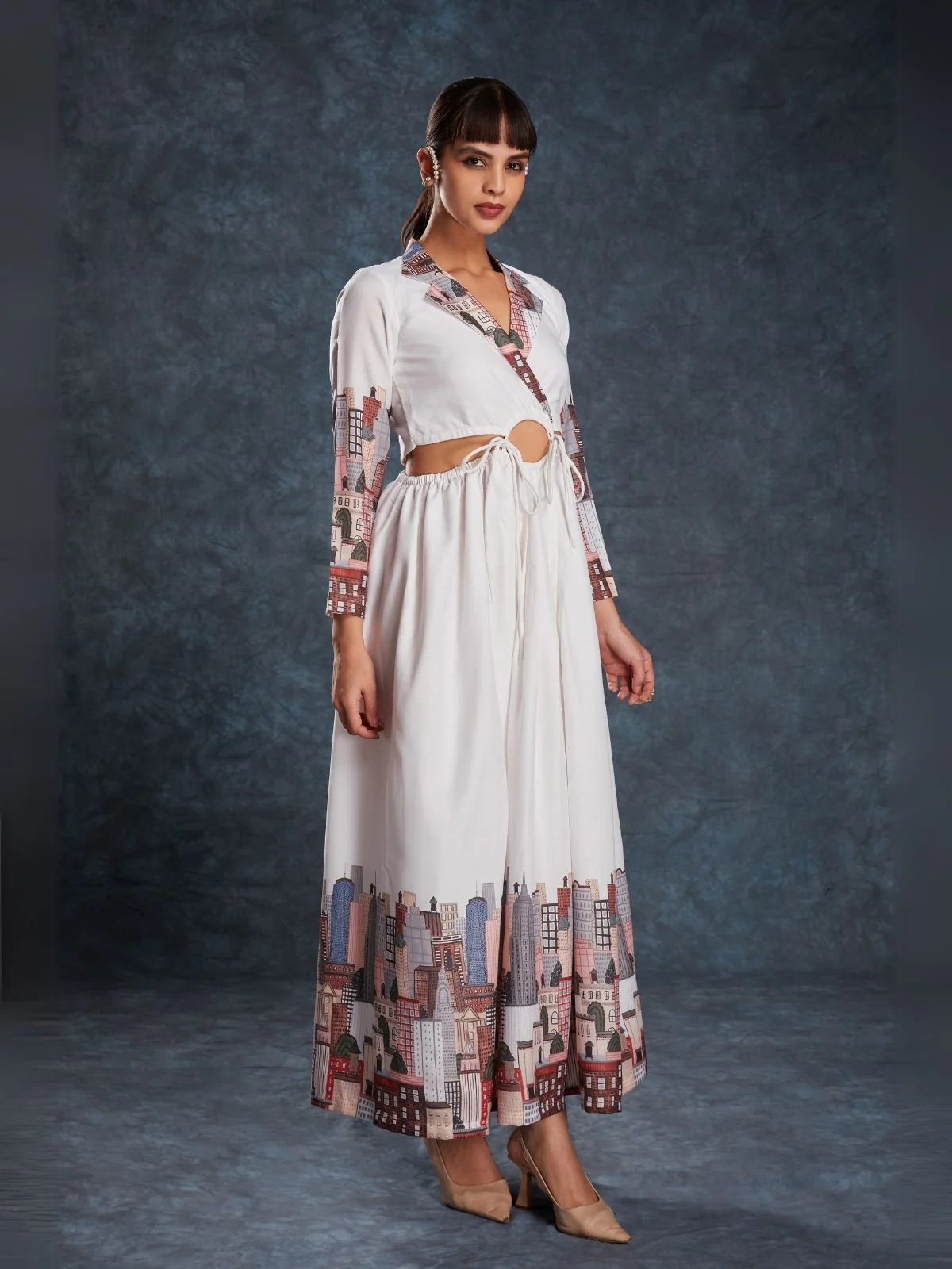 Odette White Linen Printed Stitched Dress For Women - Image 5