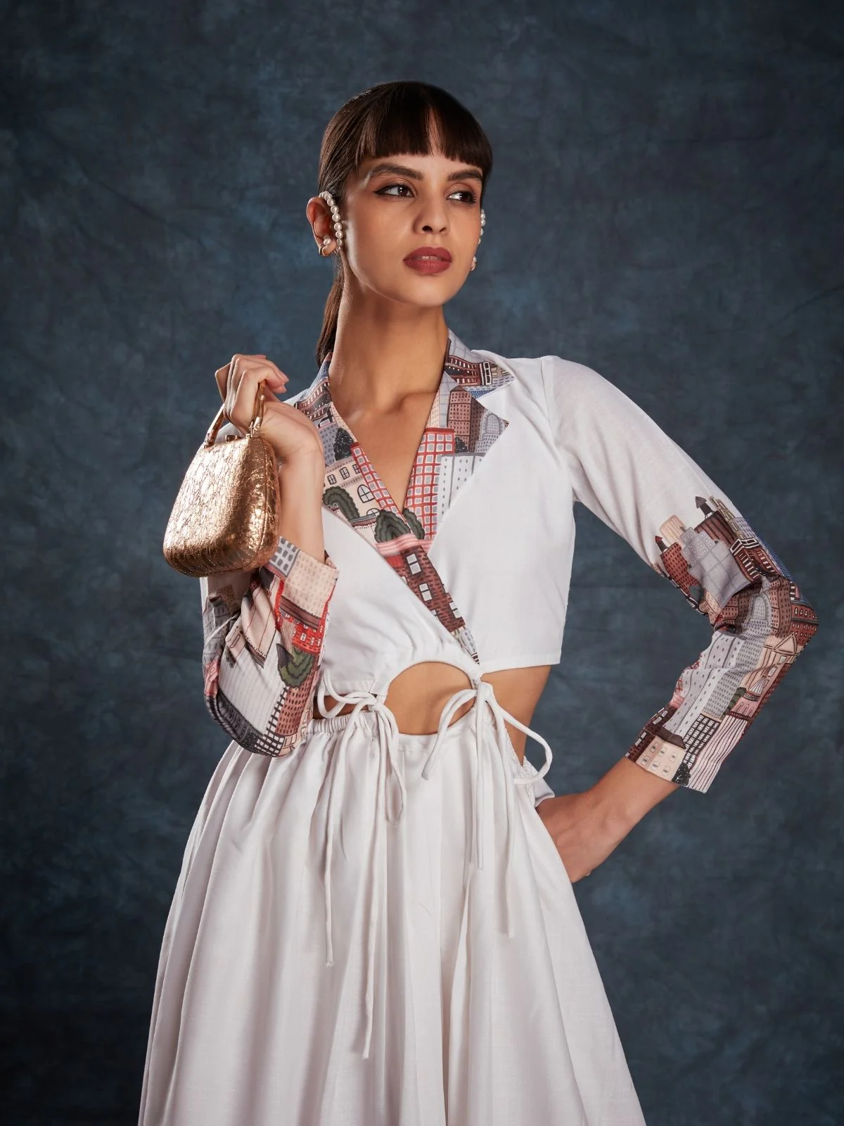 Odette White Linen Printed Stitched Dress For Women - Image 6