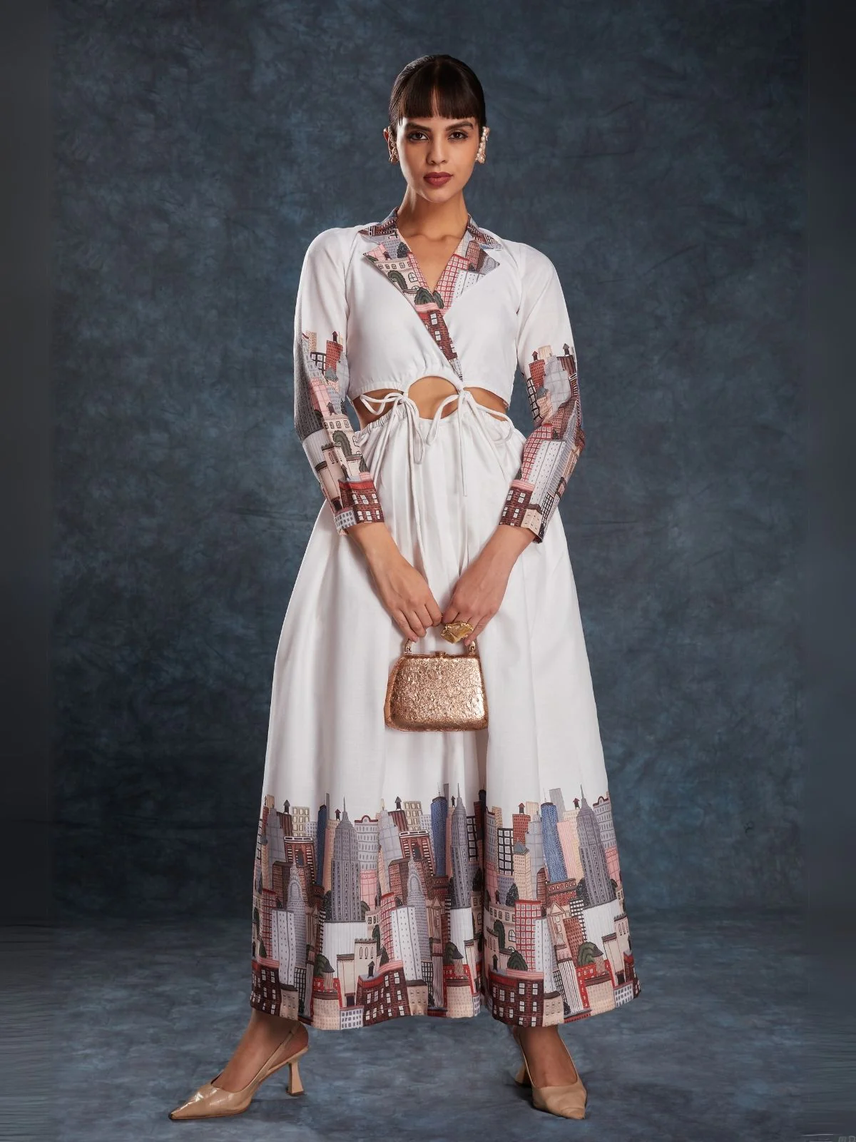 Odette White Linen Printed Stitched Dress For Women - Image 9