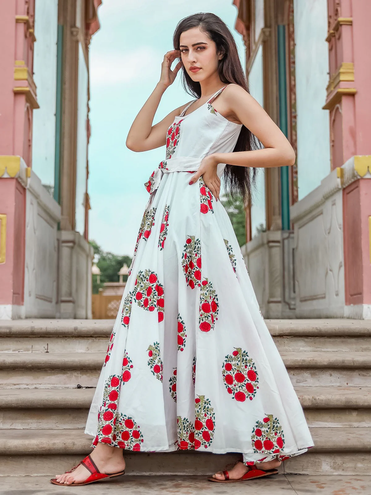 Odette White Muslin Printed Stitched Gown for Women - Image 2