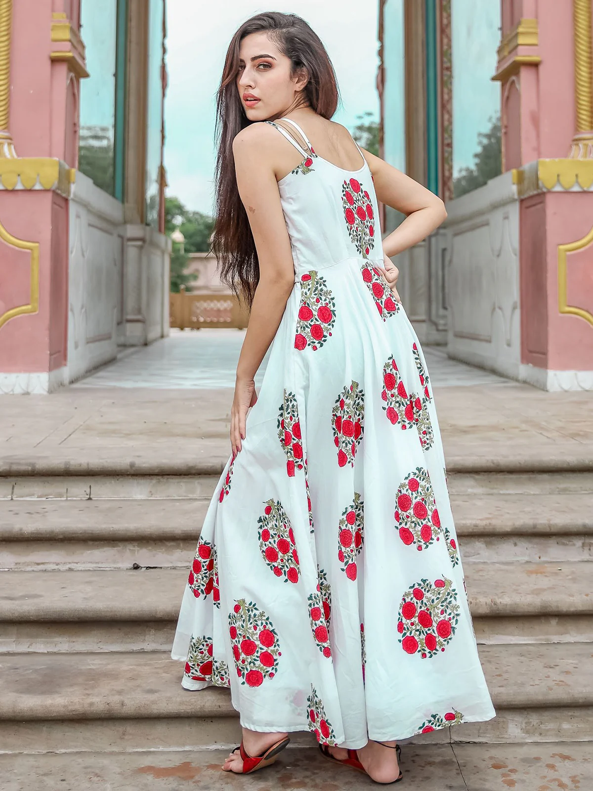 Odette White Muslin Printed Stitched Gown for Women - Image 3