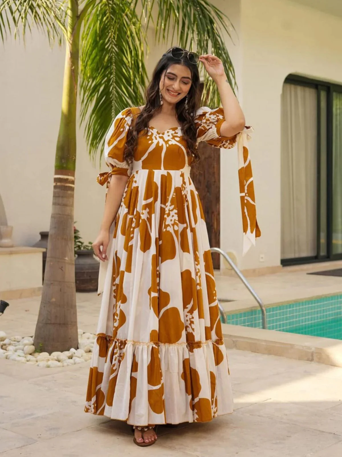 Odette White & Mustard Cotton Blend Digital Printed Stitched Gown For Women - Image 2