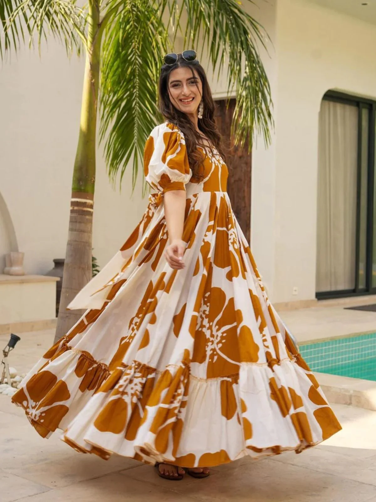 Odette White & Mustard Cotton Blend Digital Printed Stitched Gown For Women - Image 3