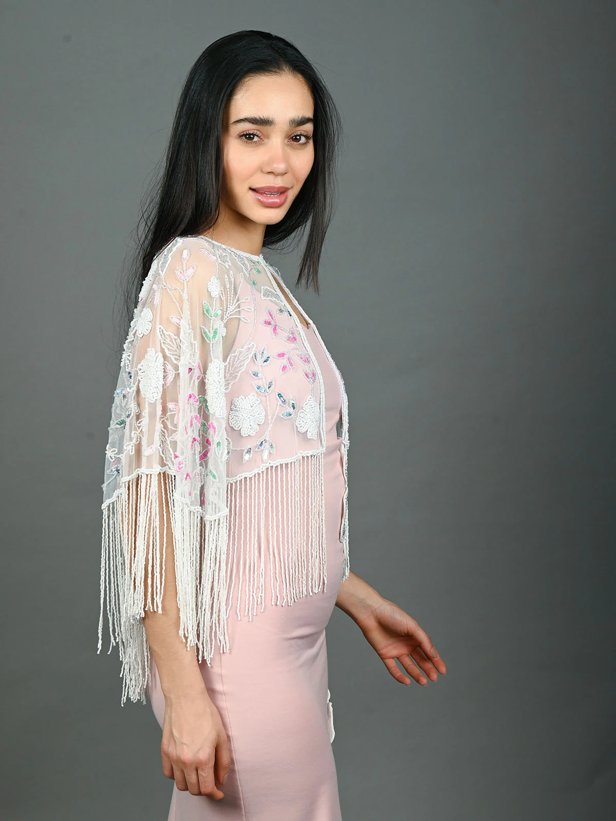 Odette White  Net Embellished Cape For Women - Image 3