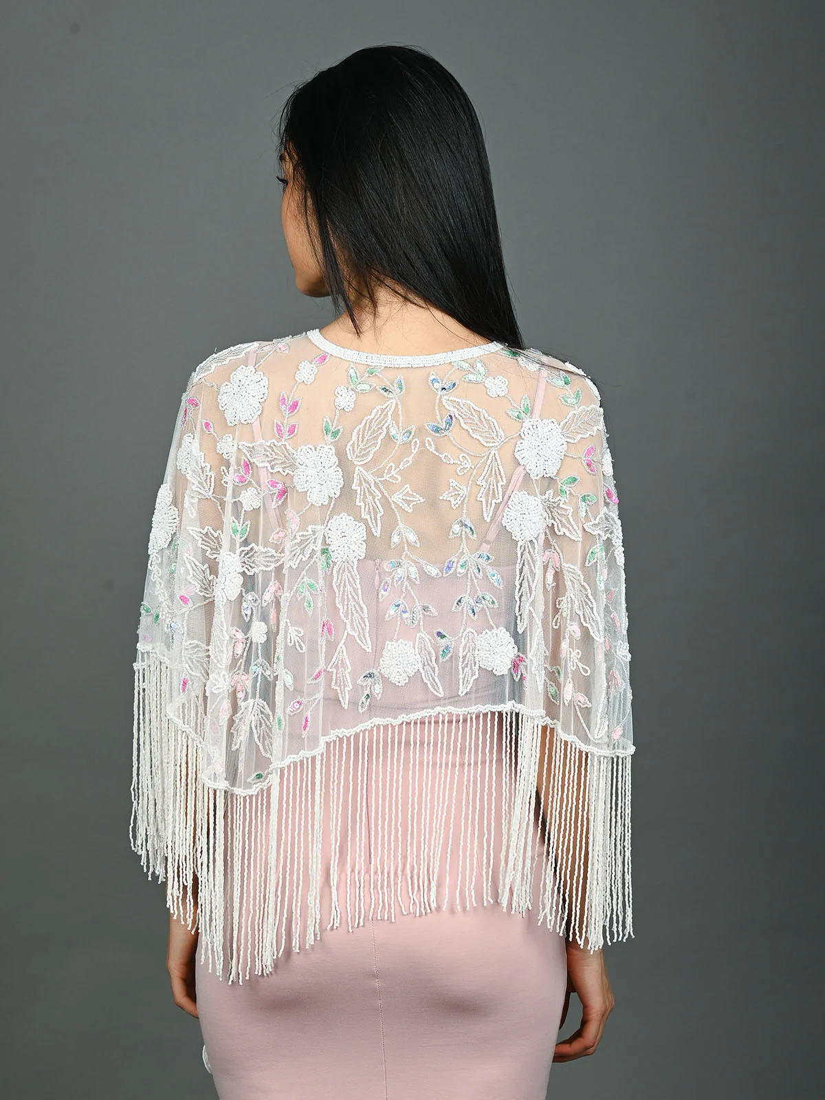 Odette White  Net Embellished Cape For Women - Image 4