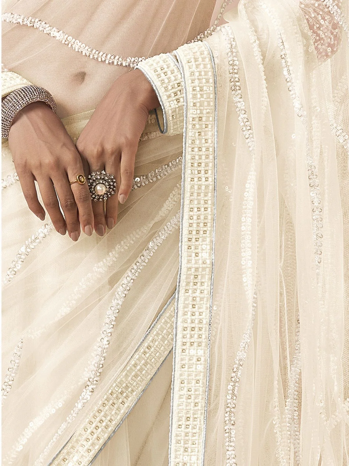 Odette White Net Embellished Elegant Saree For Women - Image 4