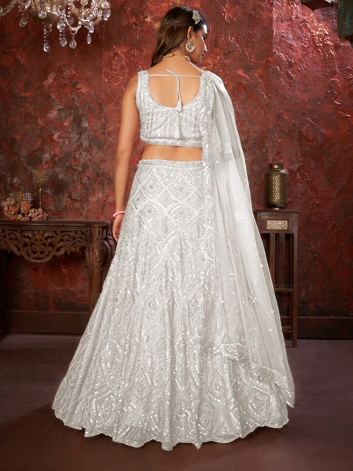 Odette White Net Embellished Semi Stitched Lehenga With Unstitched Blouse for Women - Image 3