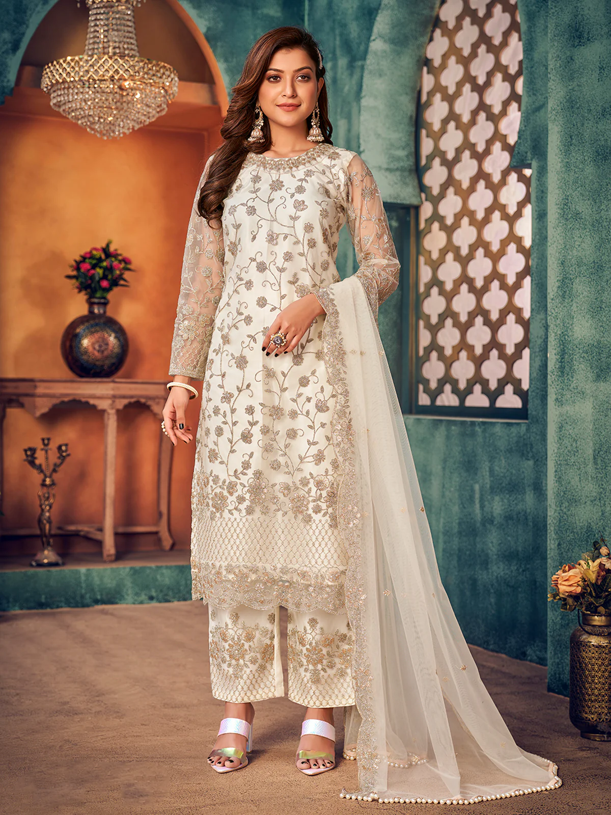 Odette White Net Embroidered Semi stitched Kurta Set with Inner For Women - Image 2