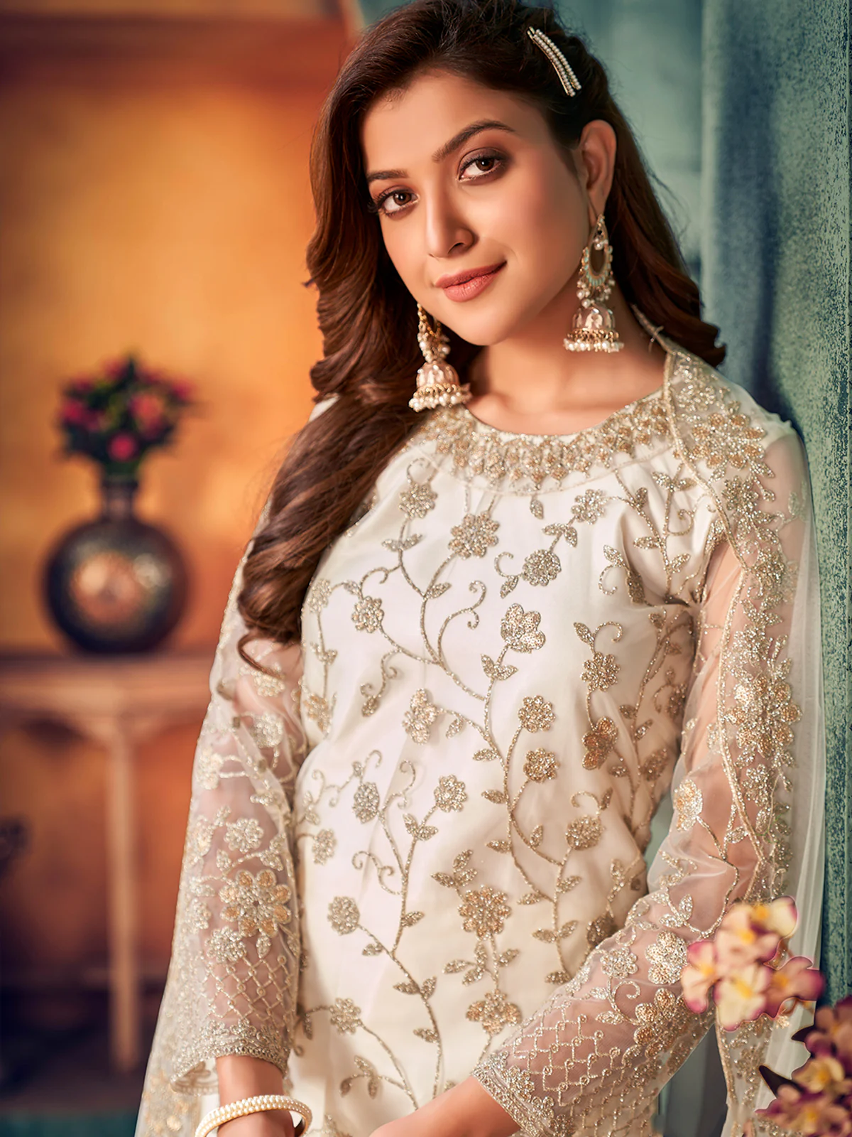 Odette White Net Embroidered Semi stitched Kurta Set with Inner For Women - Image 3