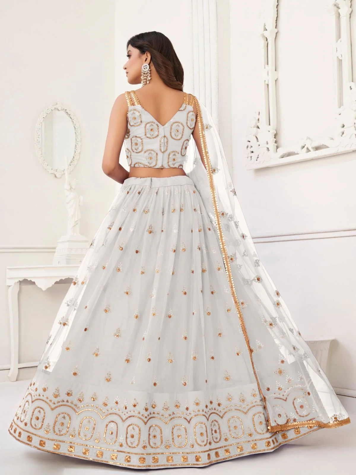 Odette White Net Embroidered Semi Stitched Lehenga For Women - Image 3