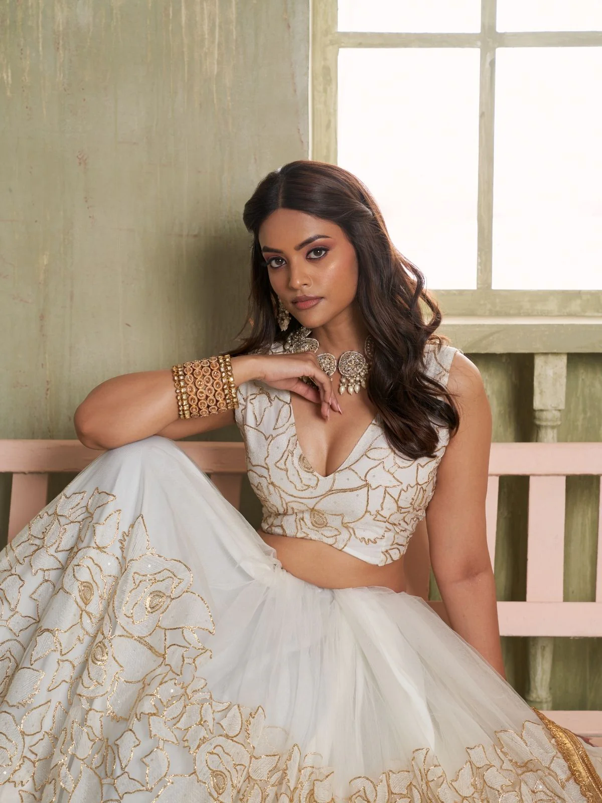 Odette White Net Embroidered Semi Stitched Lehenga For Women - Image 2