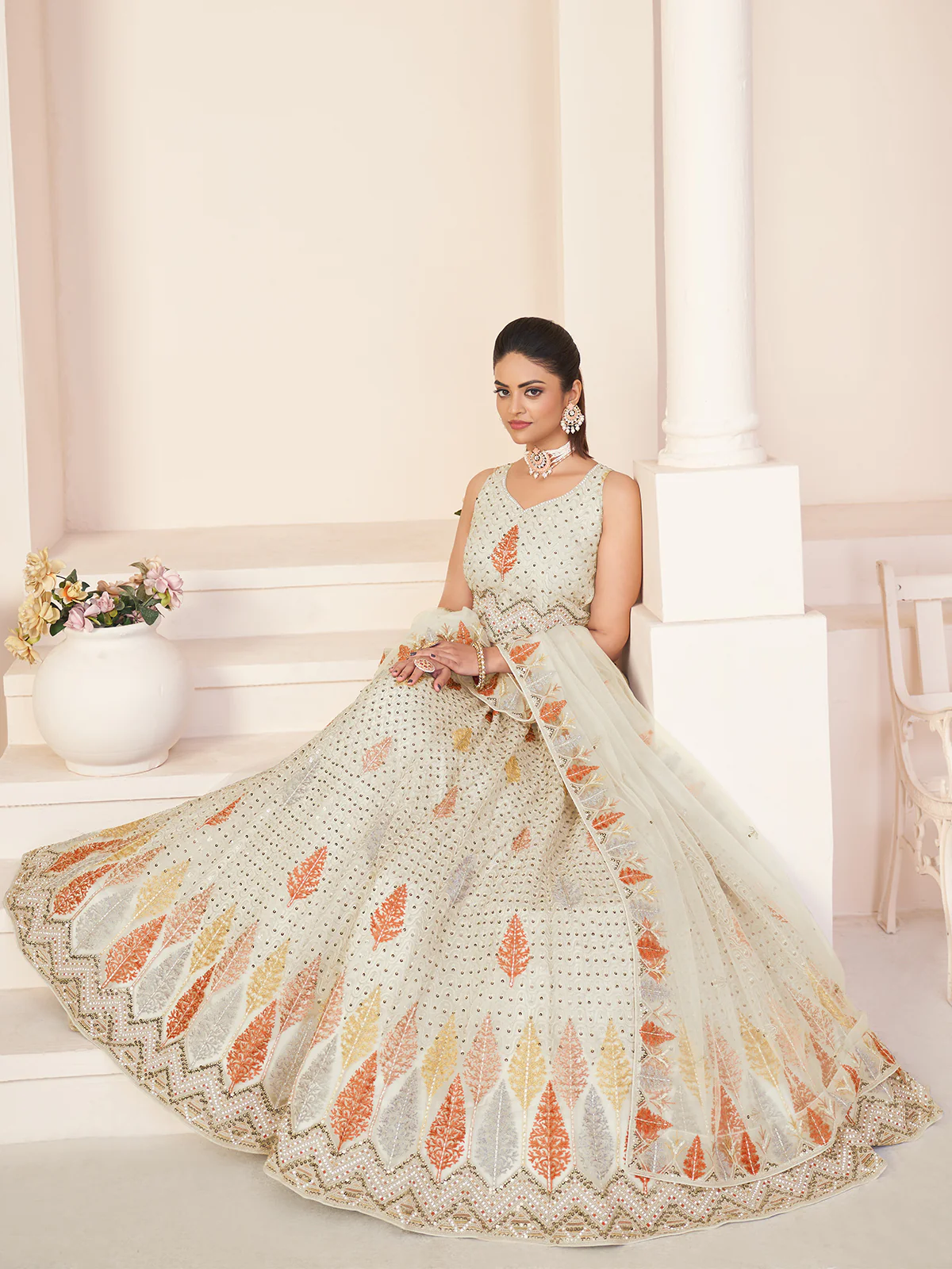 Odette White Georgette Embroidered Semi Stitched Lehenga With Unstitched Blouse for Women - Image 2