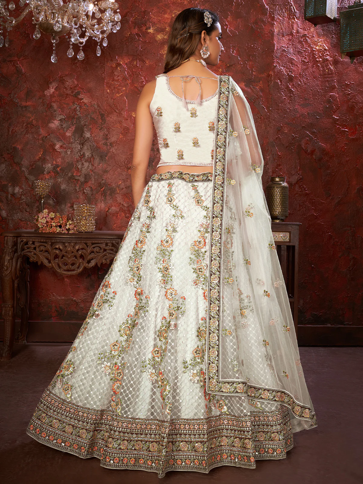 Odette White Net Embroidered Semi Stitched Lehenga With Unstitched Blouse for Women - Image 3