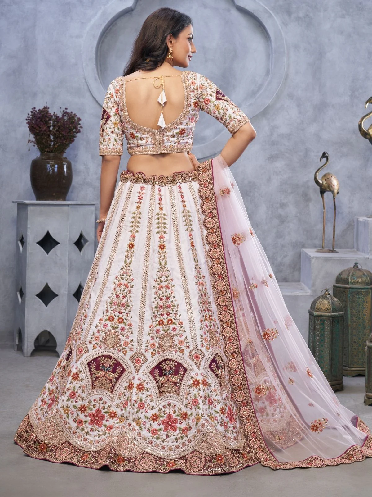 Odette White Organza  Embroidered Semi-Stitched Lehenga With Unstitched Blouse For Women - Image 3