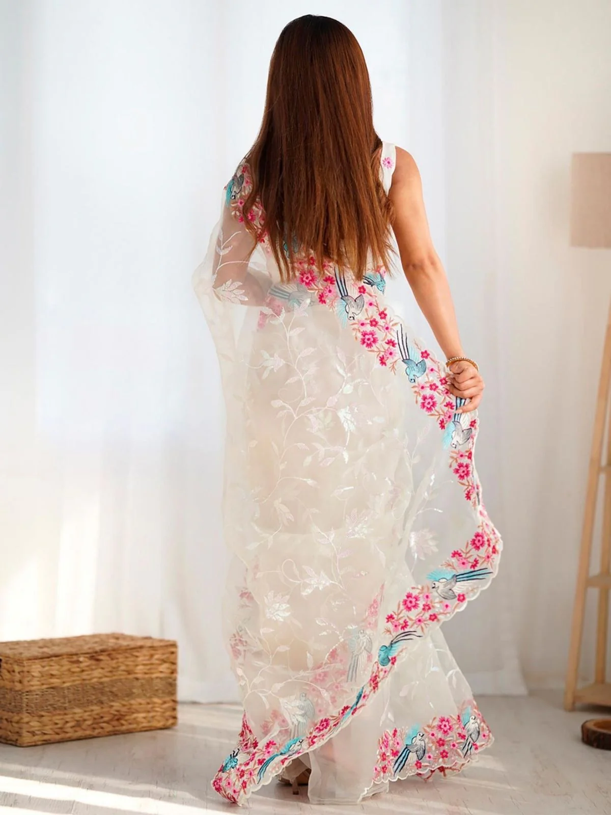 Odette White Organza Embroidered Solid Saree For Women - Image 2