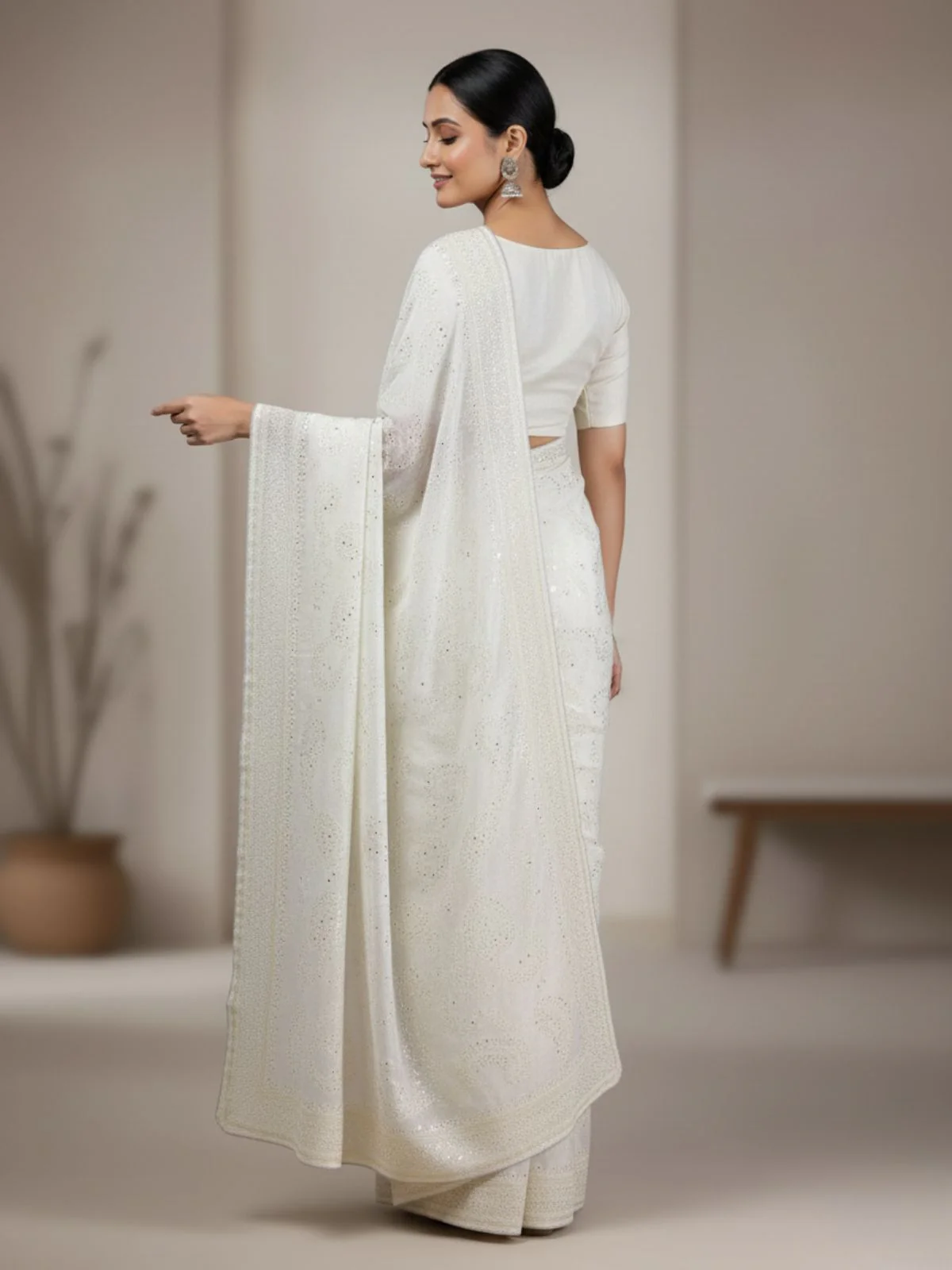 Odette White Organza Embroidered Solid Saree For Women - Image 2