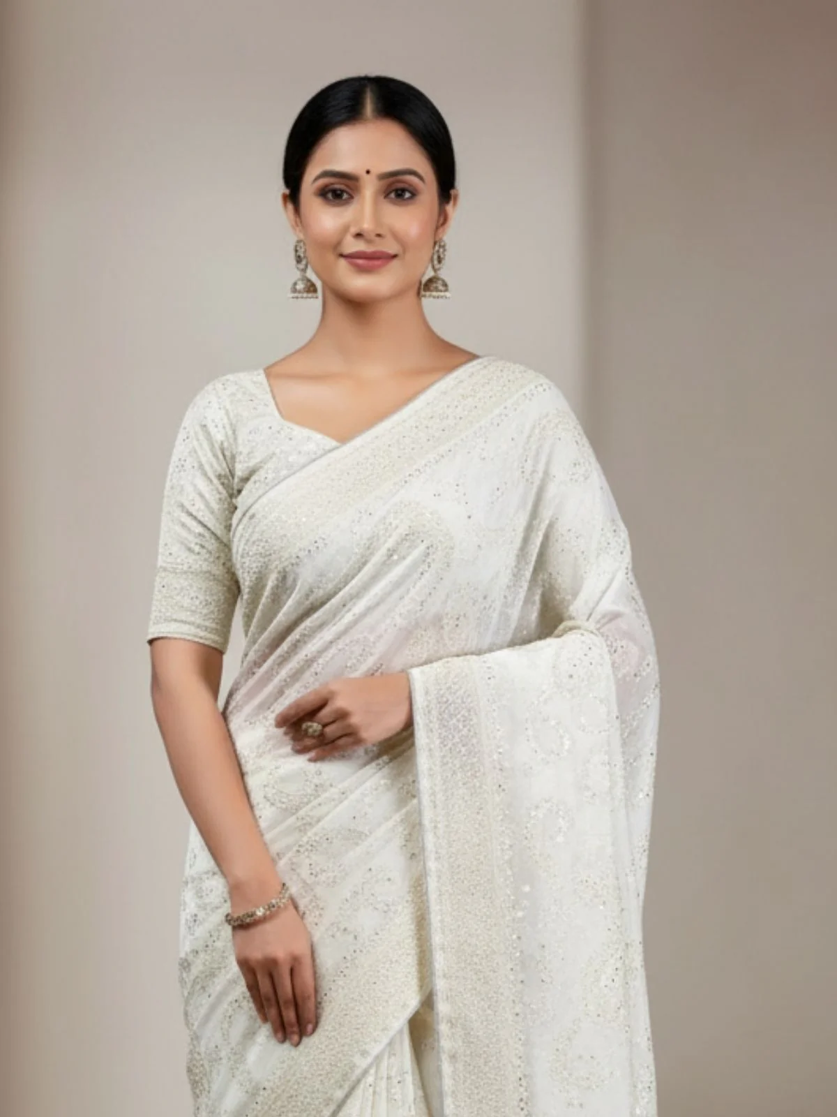 Odette White Organza Embroidered Solid Saree For Women - Image 4