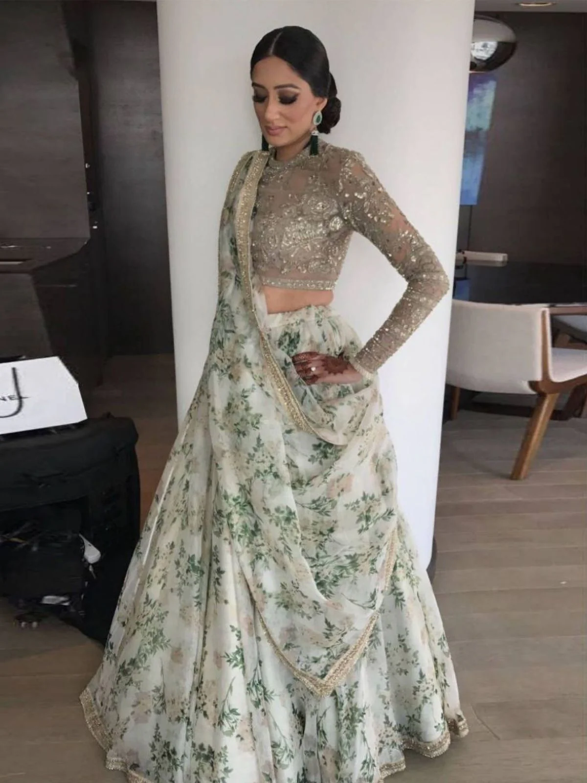Odette White Organza Printed Semi-Stitched lehenga For Women - Image 5