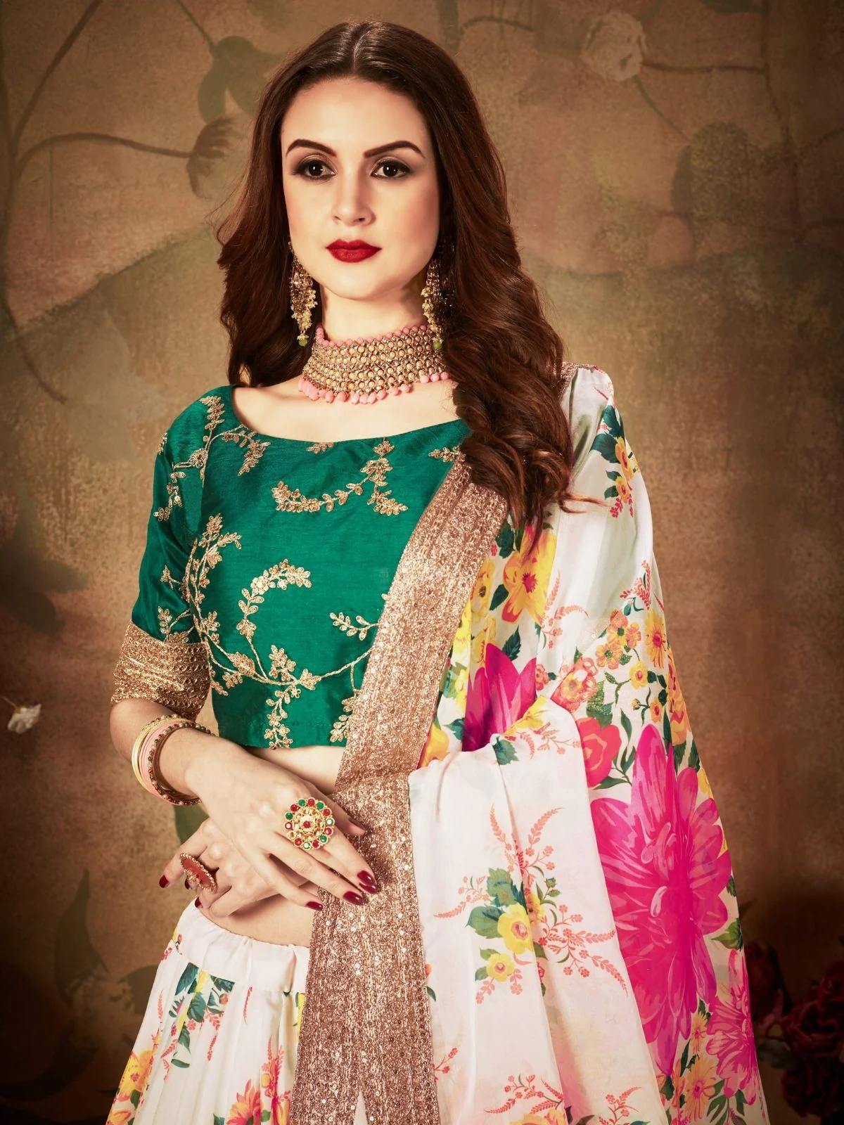 Odette White Organza Printed Semi Stitched Lehenga With Unstitched Blouse For Women - Image 5