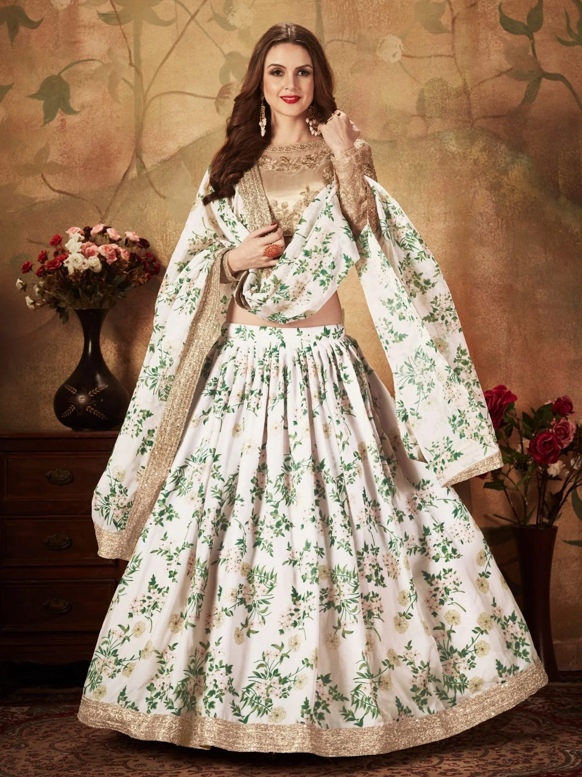 Odette White Organza Printed Semi Stitched Lehenga With Unstitched Blouse For Women - Image 2