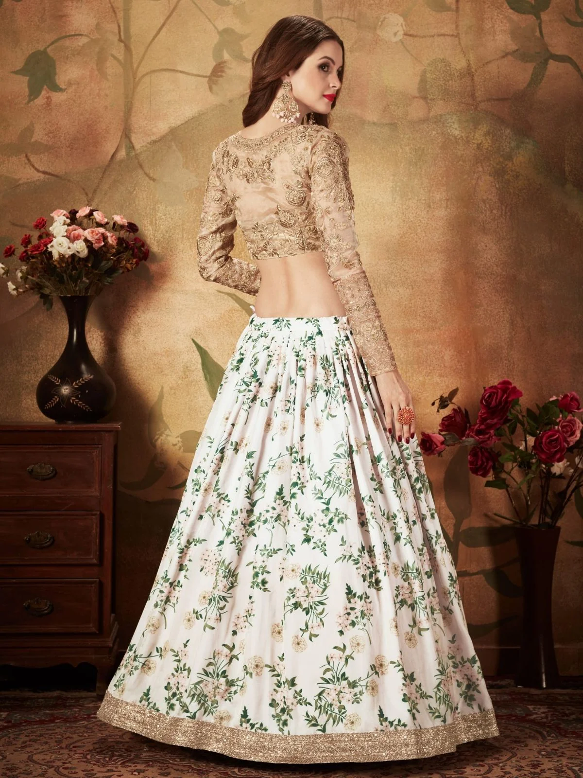 Odette White Organza Printed Semi Stitched Lehenga With Unstitched Blouse For Women - Image 4