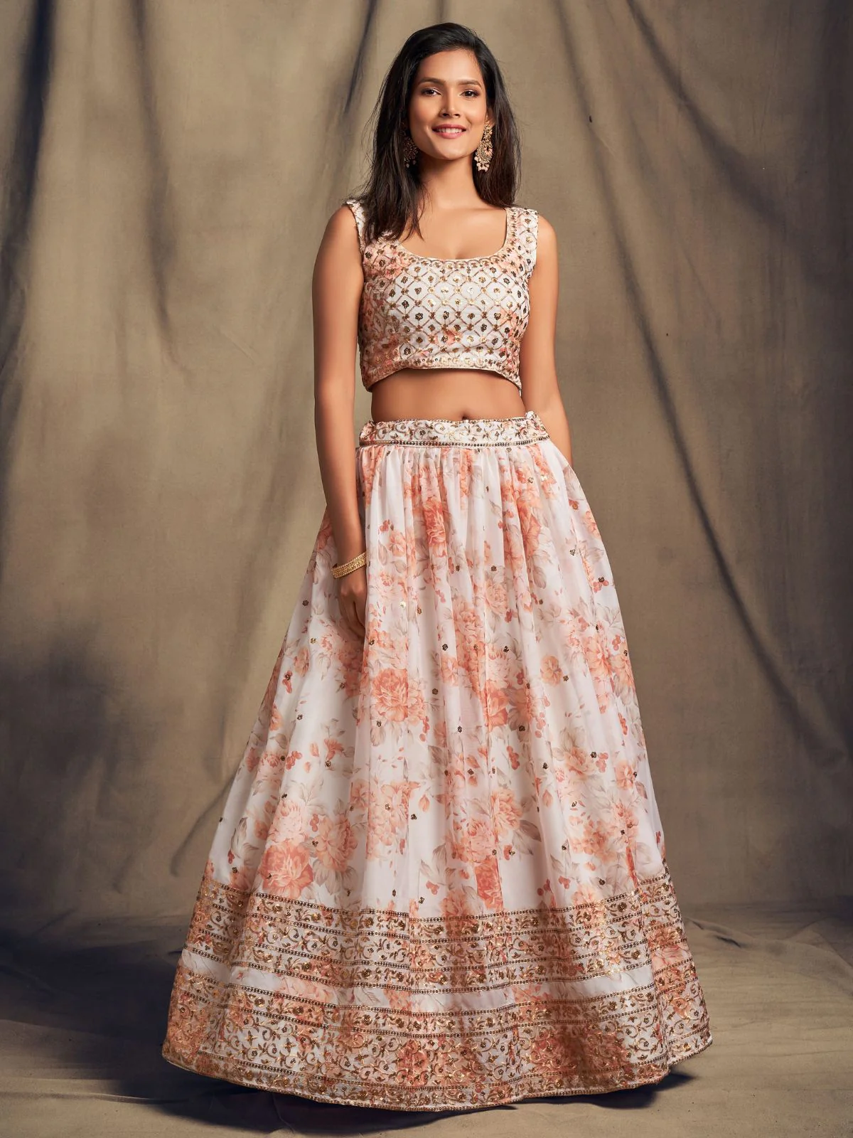 Odette White Organza Printed Semi Stitched Lehenga With Unstitched Blouse For Women - Image 3