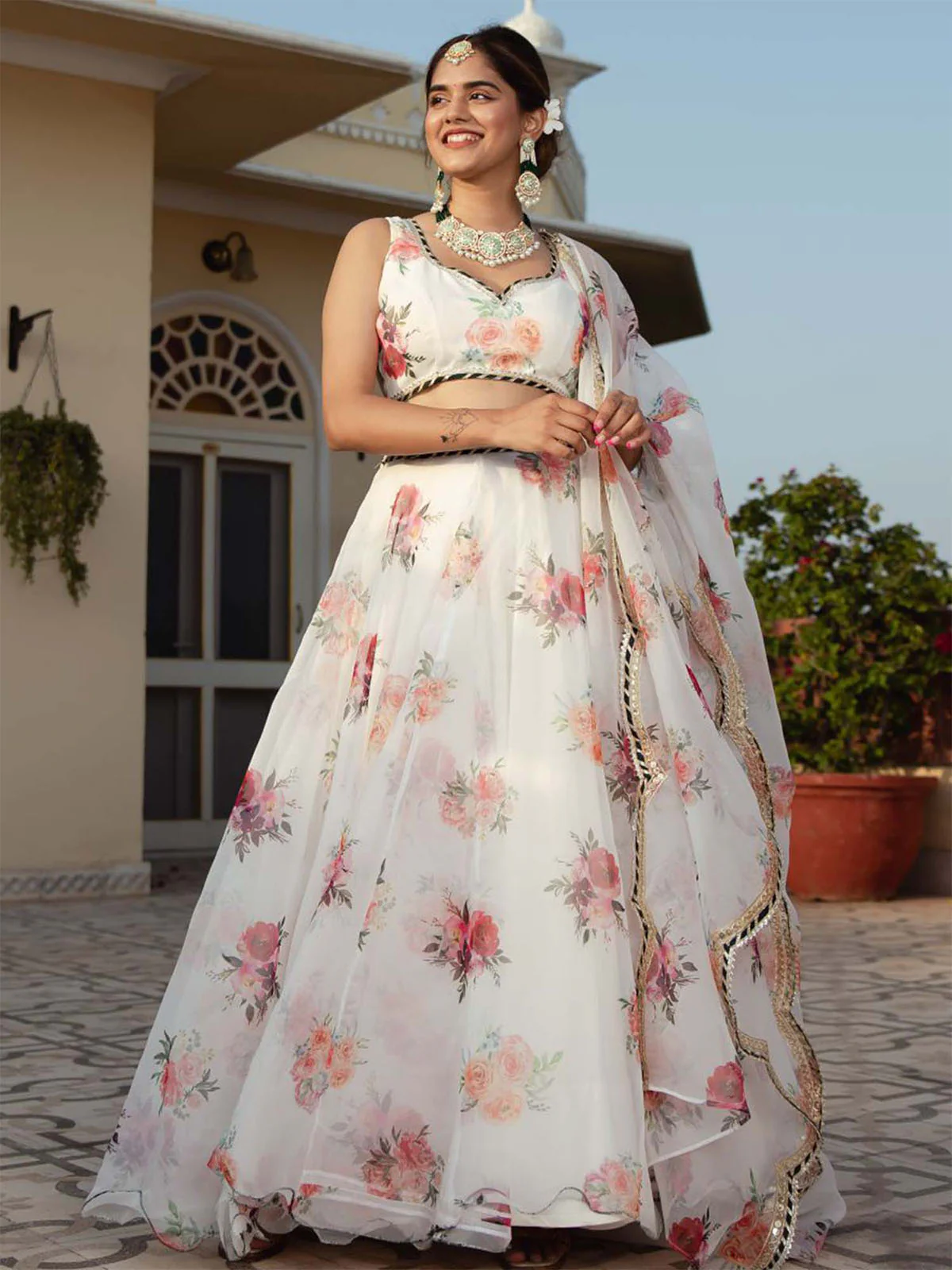 Odette White Organza Printed Semi Stitched Lehenga With Unstitched Blouse For Women - Image 2