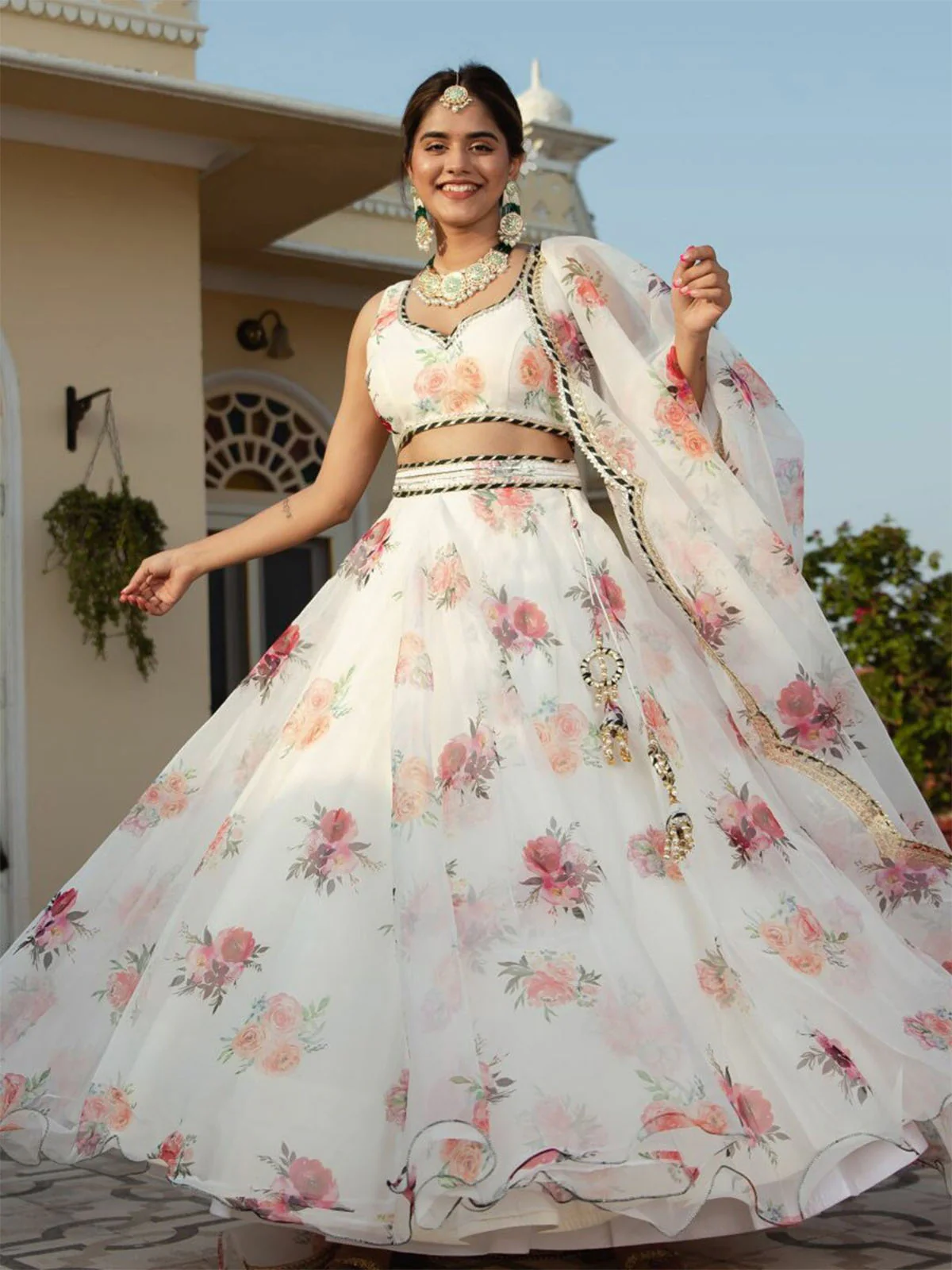 Odette White Organza Printed Semi Stitched Lehenga With Unstitched Blouse For Women - Image 3
